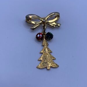 Gold Bow Christmas Tree Brooch with Red and Green Accents